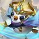 A fantasy penguin wearing a crown and cape swings a golden sword.
